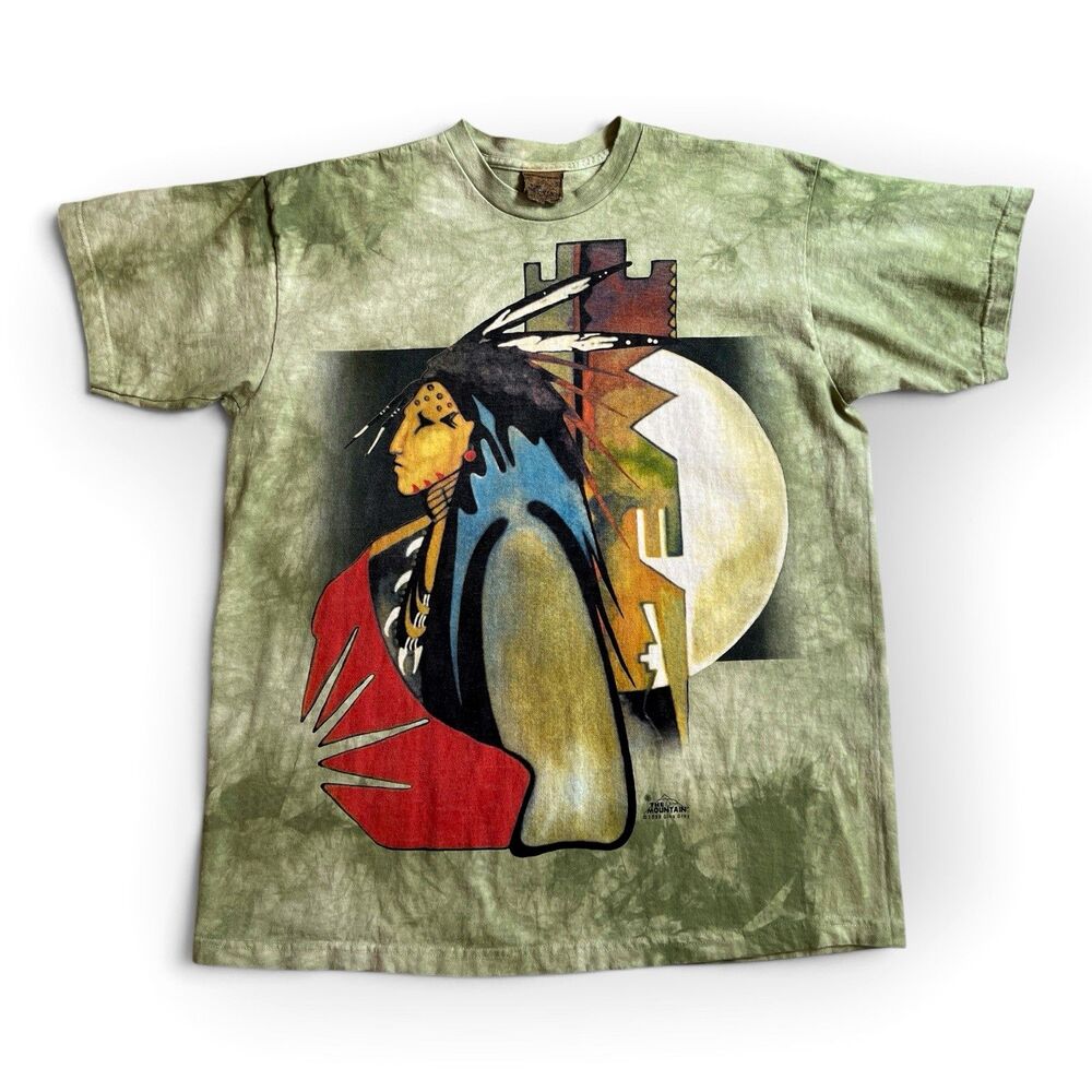 The Mountain Native Warrior Moon T-Shirt XL Green Tie Dye Vintage 90s 1998 USA